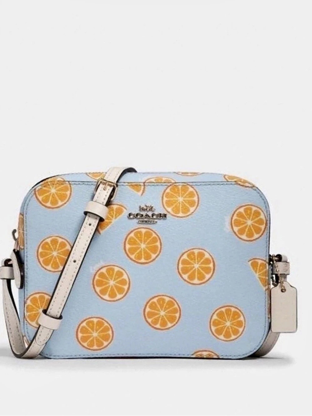 Coach Mini Camera Bag With Orange Print Blue & Orange Crossbody Bag